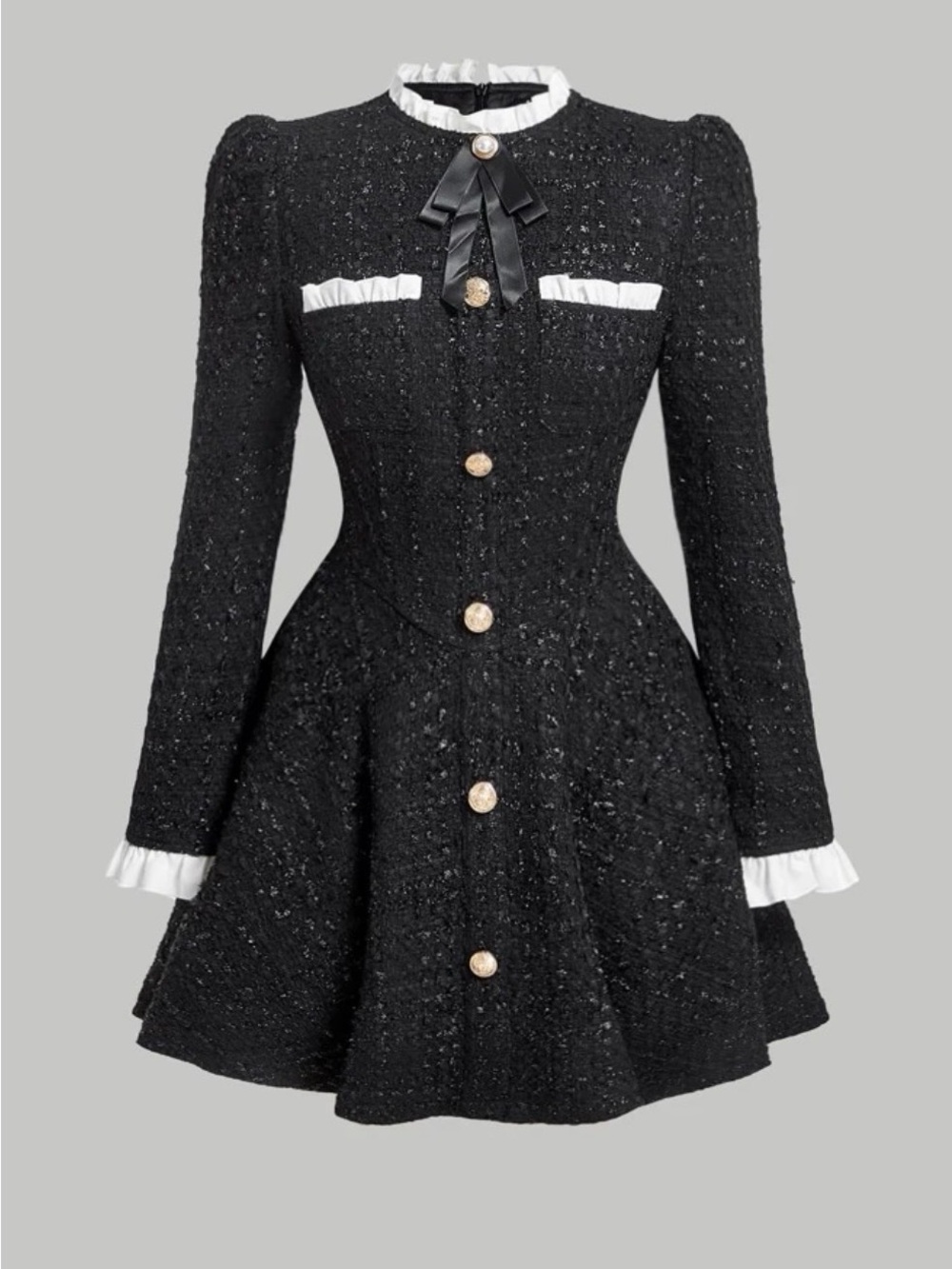 Black Tweed Fit-and-Flare Dress with White Trim